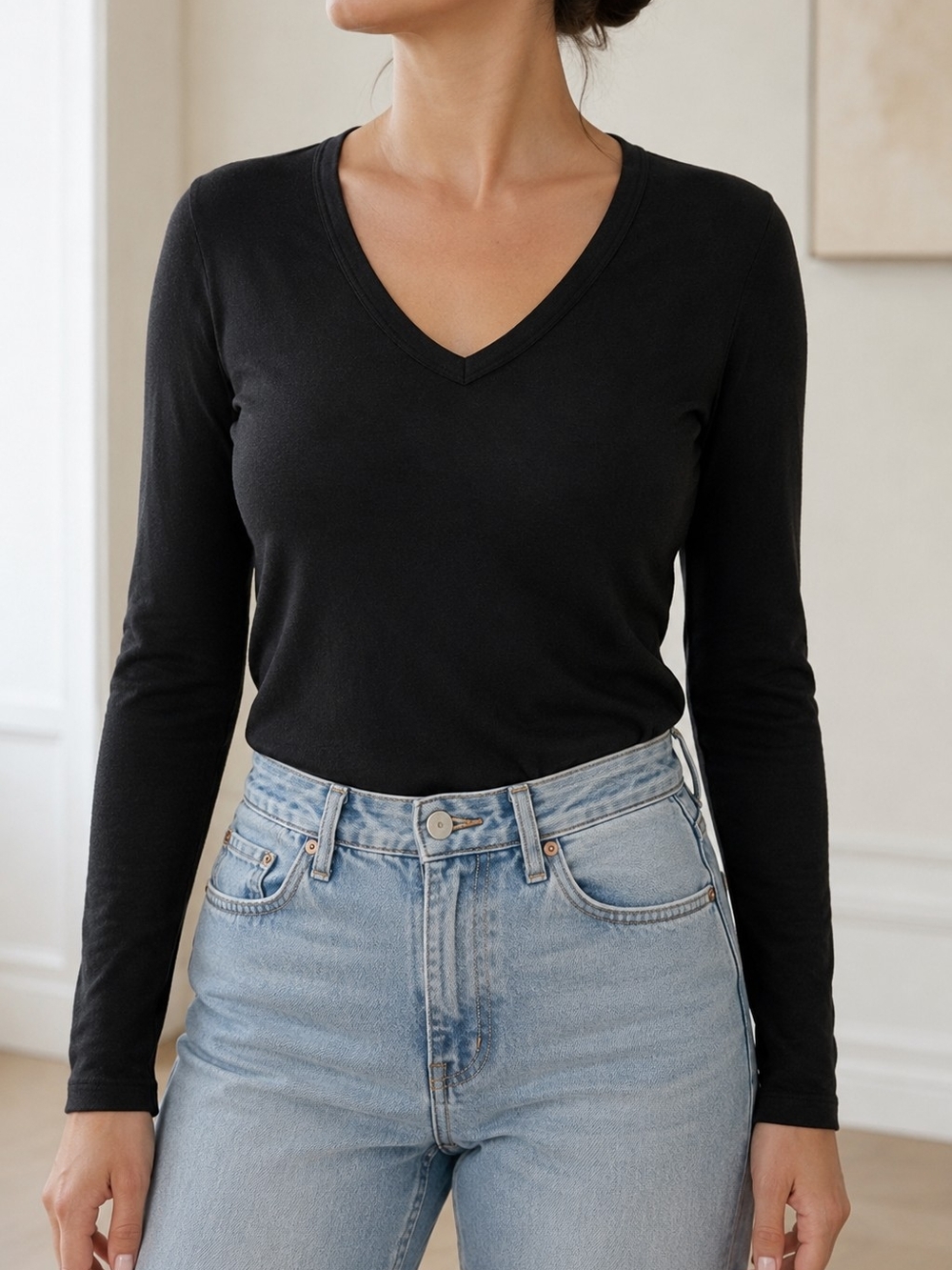 Gap Favorite T Black Top L V-Neck Fitted Tee Basic L/S Minimalist Normcore Clean